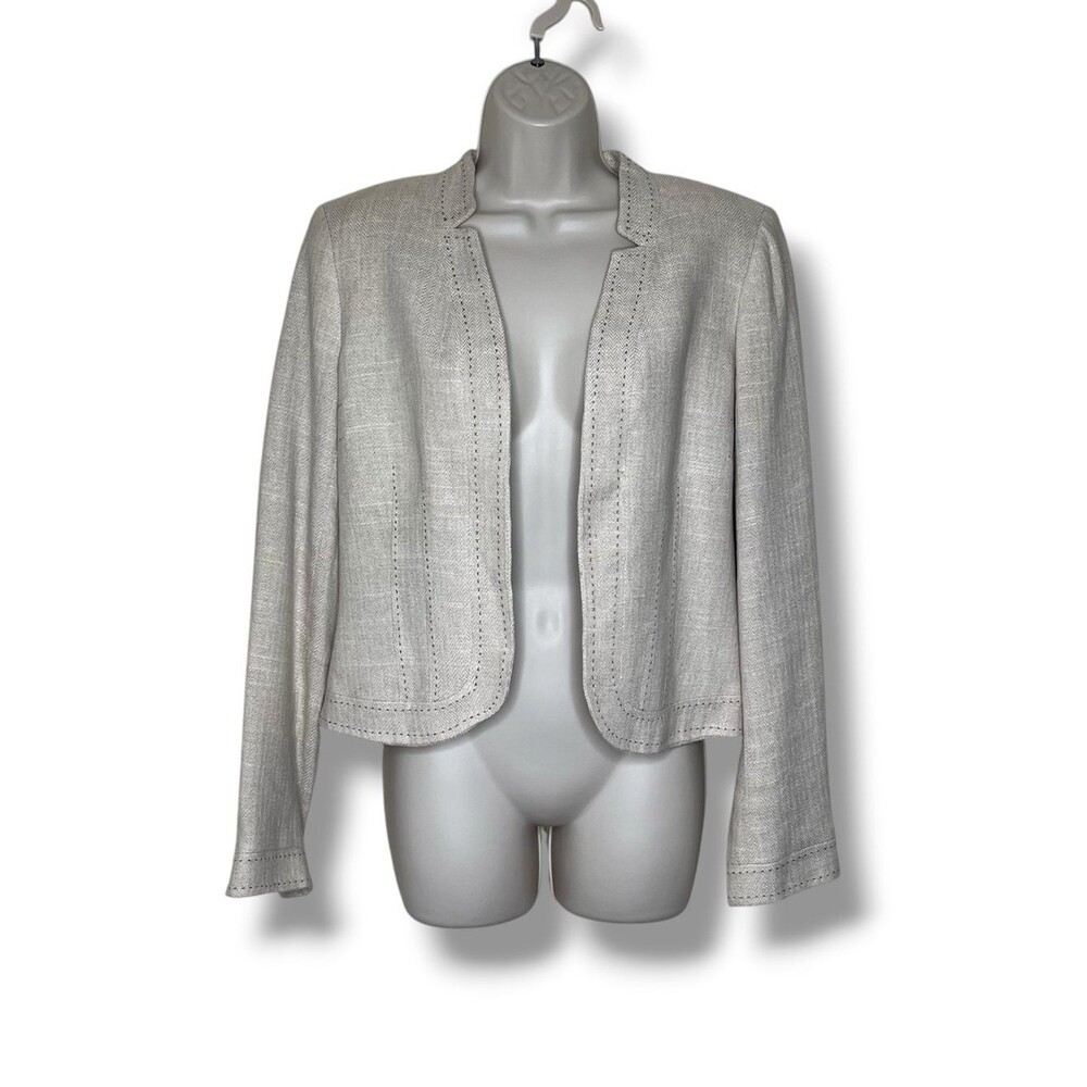 Vintage Linen Blend Open Front Cropped Jacket Blazer Beige Lightweight Women 10